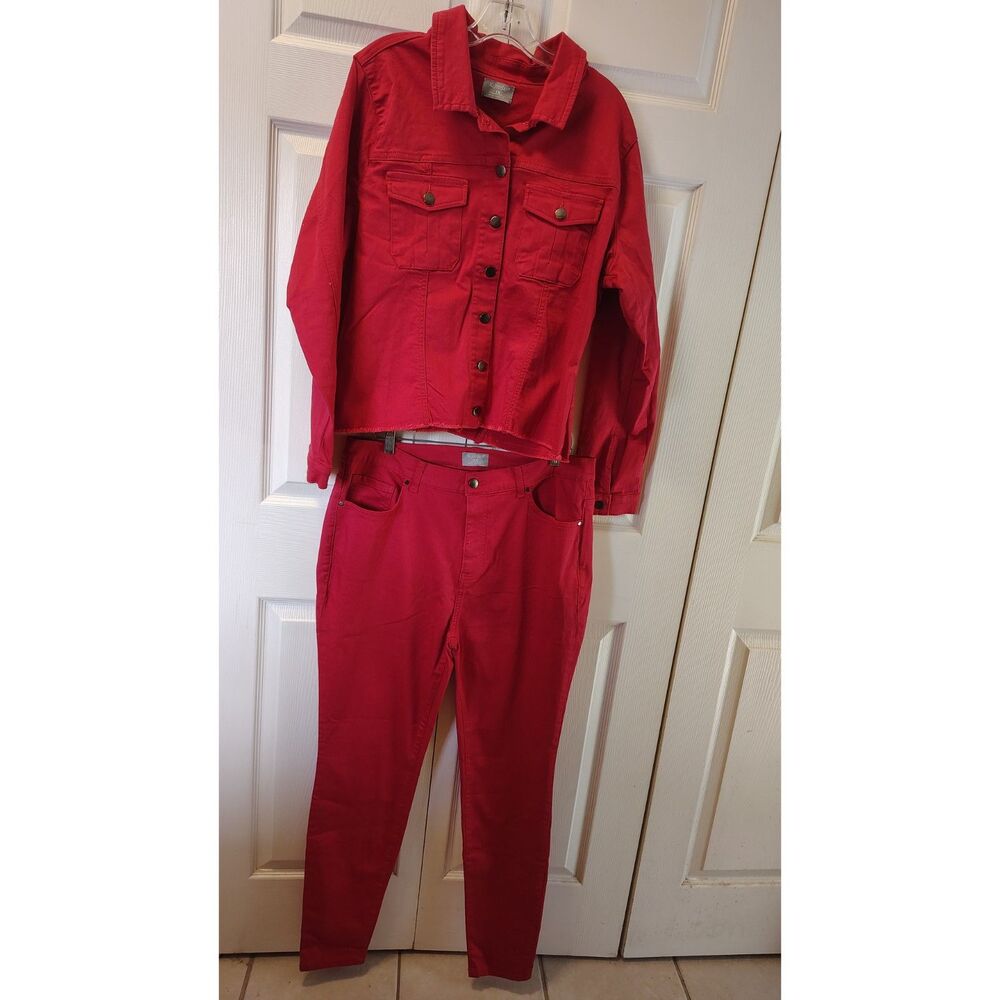 K. Jordan Red Denim Jacket & Pants Set Raw Hem Shacket Jeans Plus Size 1X / 16W